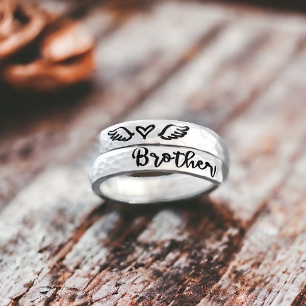 Personalized Memorial Ring, Brother, Adjustable Wrap Ring, Name Ring, Angel Wings, Loss of Loved One Brother Mom, Name Ring, Sympathy Gift