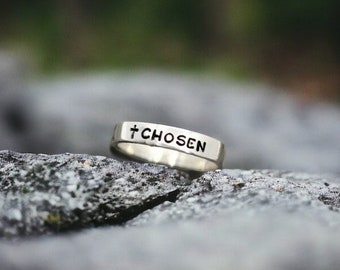 Chosen, Christian Ring, Cross, Custom Word Ring, 1 Peter 2:9, Personalized, Stacking Ring, Heart, Inspirational Self Love, Faith Love Hope