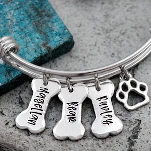 Personalized Dog Bracelet - Dog Mom Bangle Bracelet - Dog Jewelry - Paw Print - Pet Memorial - Angel Wing - Dog Bone Charm - Pet Gift