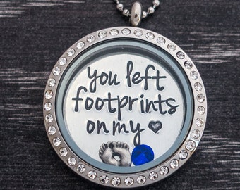 Floating Locket -   Miscarriage  -  Memorial Locket  -  You left footprints on my heart  -  Remembrance Jewelry