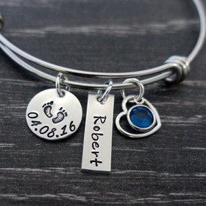 New Mom Jewelry - Personalized Bangle Bracelet - Mother Bracelet - Charm Bracelet - Birthstone - Baby Shower Gift