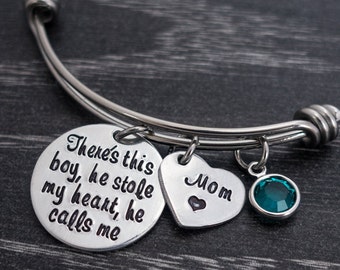 Charm Bracelet -  There's this boy who stole my heart bracelet  -  Wire Bangle Bracelet  -  Hand Stamped Mommy Jewelry