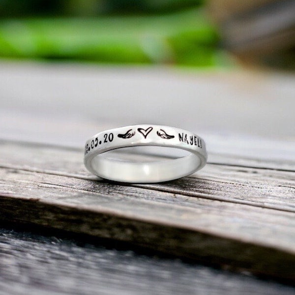 Stackable, Memorial Ring, Name and Date, Miscarriage, Angel Wings Ring, Personalized, Skinny, Loss of Loved One, Infant Loss, Stackable