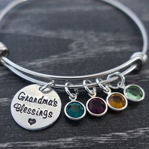 Grandma Bracelet, Personalized Charm Birthstone Bangle, Blessings, Grandmother Jewelry, Mimi Nana Gigi Oma Gift image 1