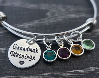 Grandma Bracelet, Personalized Charm Birthstone Bangle, Blessings, Grandmother Jewelry, Mimi Nana Gigi Oma Gift