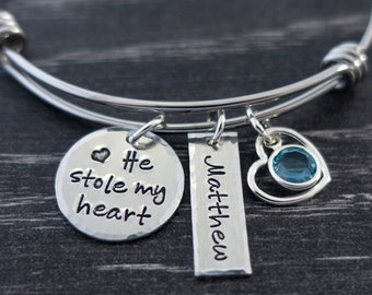 Mother Son Jewelry Bracelet Personalized Charm Bangle He stole my heart Mom Grandma Gift