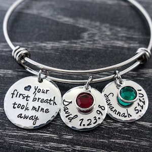 Charm Bracelet - Mothers Bracelet - Personalized Mom Gift - Your First Breath Took Mine Away - Birthstone Bracelet - Kids Names - New Mom