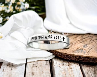 Bibel Schrift Ring, Kreuz Ring, Bibel Vers Ring, Glaube Ring, Philipper 4:13, Skinny Stacking Ring, Inspirational Ring, Minimalist