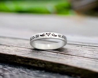 Stackable, Memorial Ring, Name and Date, Miscarriage, Angel Wings Ring, Personalized, Skinny, Loss of Loved One, Infant Loss, Stackable