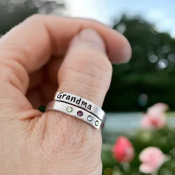 Grandma Ring, Birthstone Ring, Stacking, Personalized Wrap Ring, Mom Nana Mimi Oma Gigi Name Ring, Anti-tarnish, Skinny Adjustable, Gift