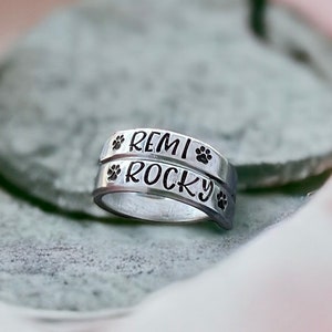 Pet Loss Ring, Pet Personalized Ring, Paw Print, Stacking, Rainbow Bridge, Adjustable Wrap Ring, Skinny, Two Name Ring, Dog Cat Mom Gift