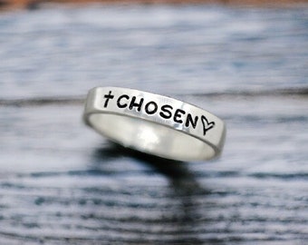 Chosen, Christian Ring, Cross, Custom Word Ring, 1 Peter 2:9, Personalized, Stacking Ring, Heart, Inspirational Self Love, Faith Love Hope