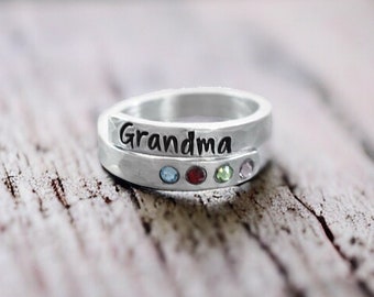 Personalized Birthstone Wrap Ring - Stacking Ring - Grandma Ring - Mom Nana Mimi Oma Gigi Name Ring - Anti-tarnish - Skinny Adjustable