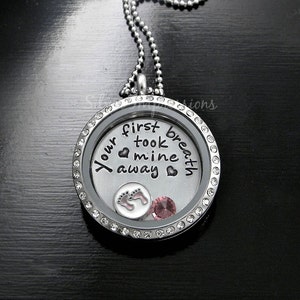 Your first breath took mine away Floating Locket New Mom Locket Grandma Necklace Hand Stamped Jewelry image 1