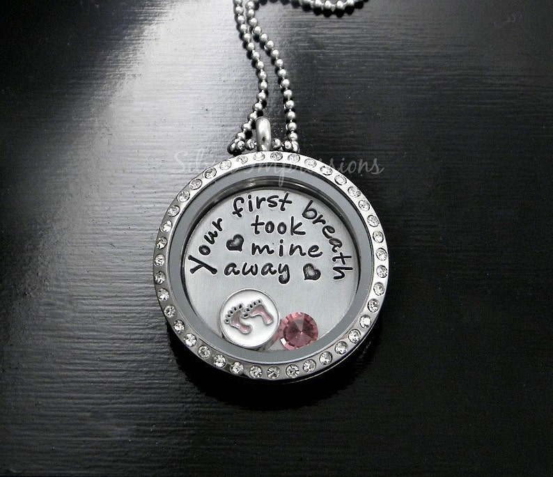 Your first breath took mine away Floating Locket New Mom Locket Grandma Necklace Hand Stamped Jewelry image 1