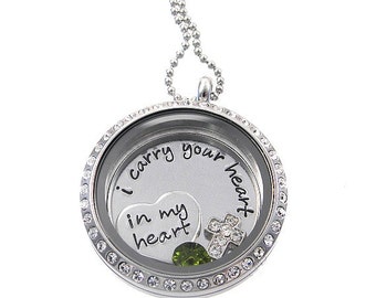 I carry your heart in my heart -  Floating Locket  -  Personalized Hand Stamped Necklace