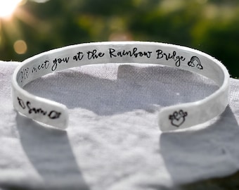 Pet Memorial Cuff Bracelet - I'll meet you at the Rainbow Bridge - Hidden Message Stacking Bracelet - Personalized, Cat Dog Pet Loss Gift