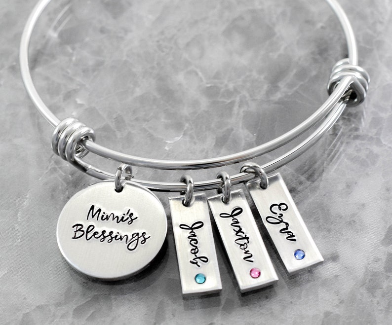 Personalized Grandma Bracelet, Name Birthstone Bangle, Mimi's Blessings, Layering, Stacking, Grandma Nana Gigi Oma Gift, Grandkids image 1