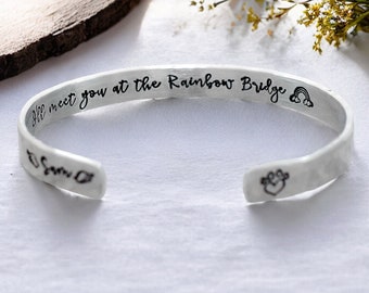 Pet Memorial Cuff Bracelet - I'll meet you at the Rainbow Bridge - Hidden Message Stacking Bracelet - Personalized Cat Dog Pet Loss Gift