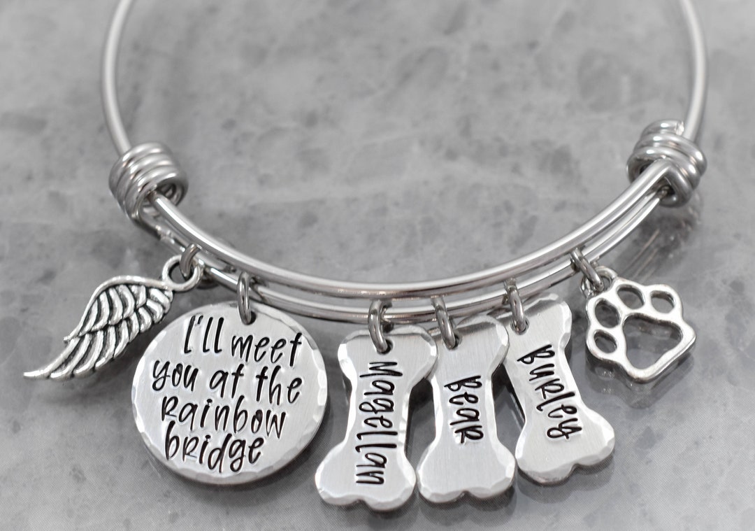 Pet Loss Memorial Bangle - Personalized Charm Bracelet - Dog Cat Loss ...
