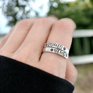 Pet Name Ring, Paw Print,Stacking, Dog Cat Pet Ring, Fur Mama, Pet Lover, Adjustable Wrap Ring, Skinny Ring, Two Name Ring, Dog Cat Mom Gift