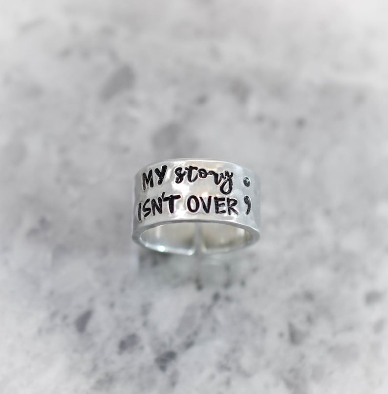 My story isn/'t over yet Semicolon Ring Suicide Awareness Semicolon Jewelry Personalized Ring Adjustable Aluminum Ring Set