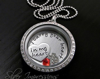 I carry your heart in my heart -  Floating Locket  -  Personalized Hand Stamped Necklace