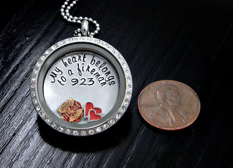 Floating Locket Personalized Hand Stamped Necklace My Heart belongs to a fireman