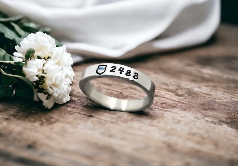 Police Wife Ring, Badge Number, Personalized, Police Badge Ring, Stacking Ring, Police Officer, Thin Blue Line, Skinny, Gift, Back the Blue