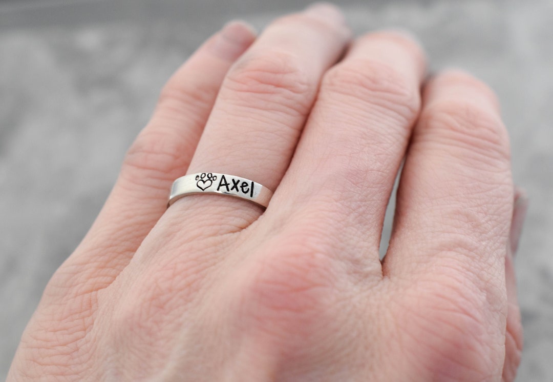 Personalized Pet Name Ring, Paw Print Ring, Cat Dog Mom Jewelry, Skinny Stacked Name Ring