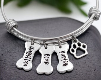 Personalized Dog Mom Bracelet - Dog Mom Bangle - Fur mama - Dog Jewelry - Paw Print - Pet Memorial - Angel Wing - Dog Bone Charm - Pet Gift