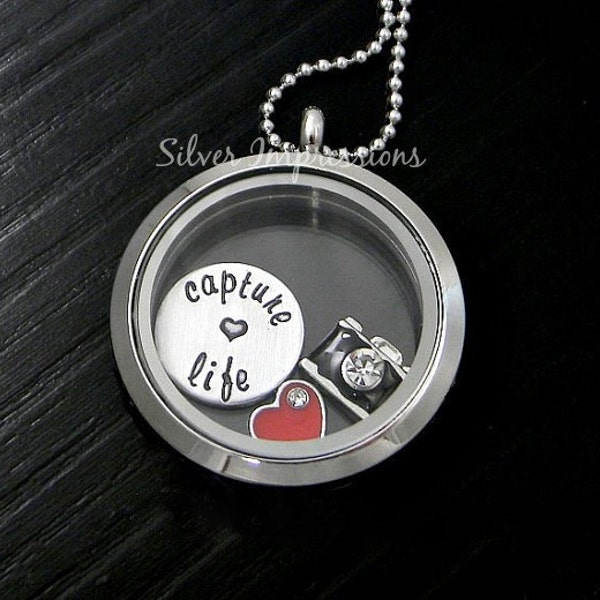 Capture Life Necklace -  Floating Charm Locket   -  Floating Memory Hand Stamped Locket