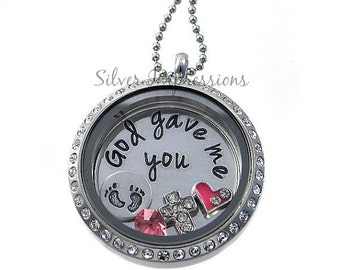 God gave me you  -  Mommy Necklace   -  Floating Locket  -  Hand Stamped Jewelry  -  Charm Locket