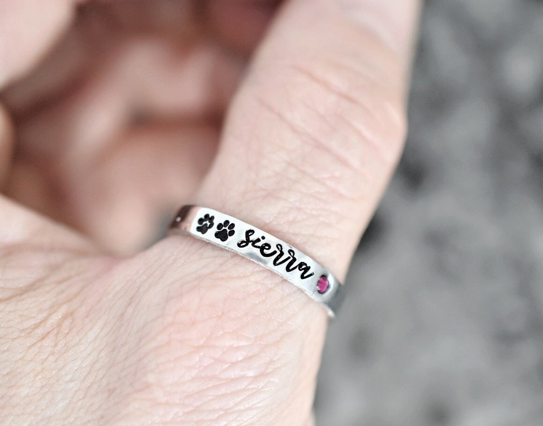 Pet Name Ring, Tiny Paw Print Ring, Personalized Cat Dog Mom Jewelry, Cat Ring, Dog Ring, Skinny