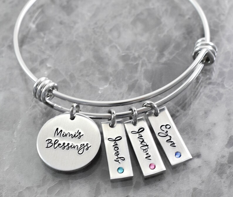 Personalized Grandma Bracelet, Name Birthstone Bangle, Mimi's Blessings, Layering, Stacking, Grandma Nana Gigi Oma Gift, Grandkids image 3