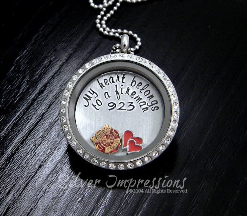 Floating Locket Personalized Hand Stamped Necklace My Heart belongs to a fireman