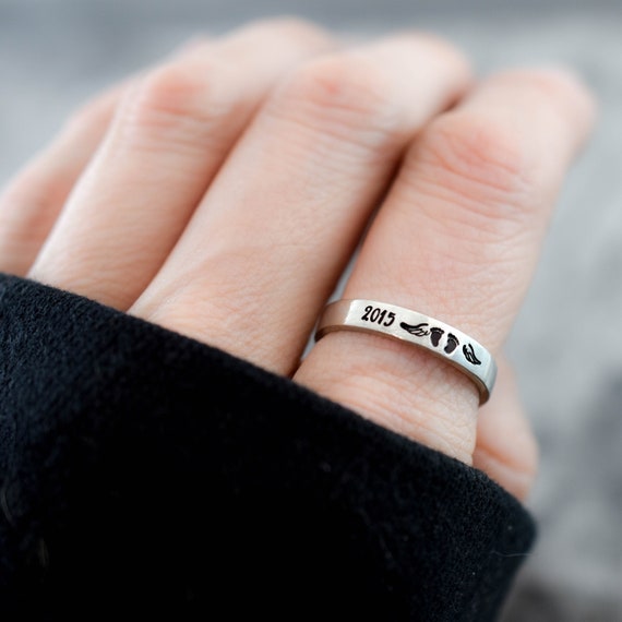 Stackable Ring, Personalized Date Year Ring, Baby Feet