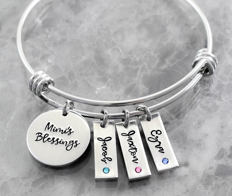 Personalized Grandma Bracelet, Name Birthstone Bangle, Mimi's Blessings, Layering, Stacking, Grandma Nana Gigi Oma Gift, Grandkids image 2