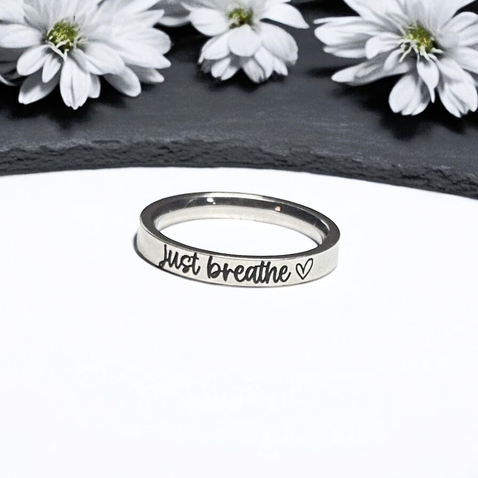 Ring Motivation Just Breathe, Silver, Self Care, Anxiety Ring, Mindfulness, Mental ...