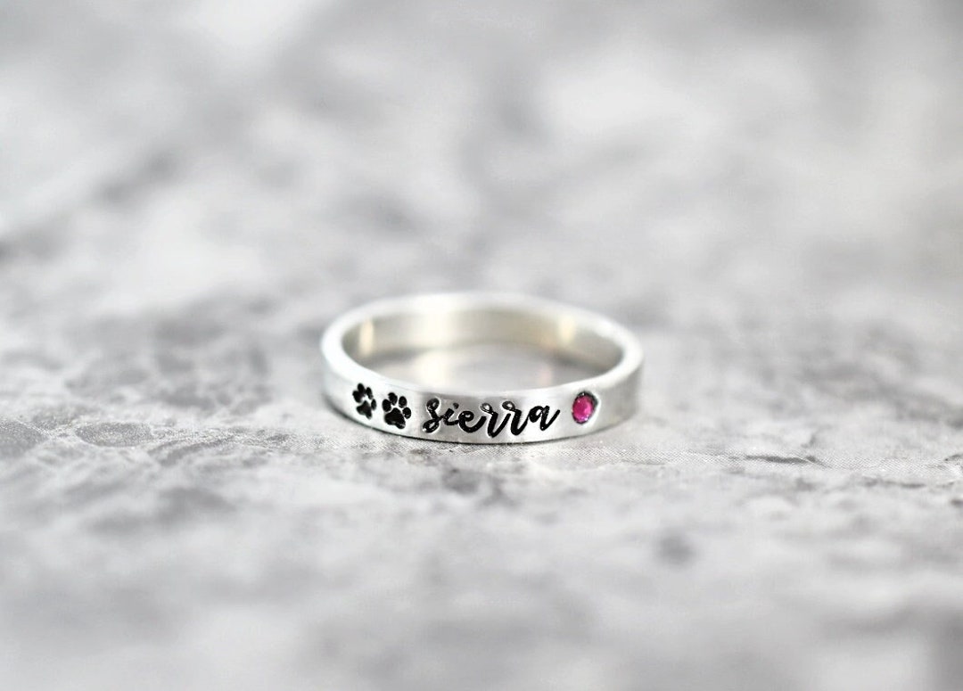 Pet Name Ring Tiny Paw Print Ring Personalized Cat Dog Mom Etsy
