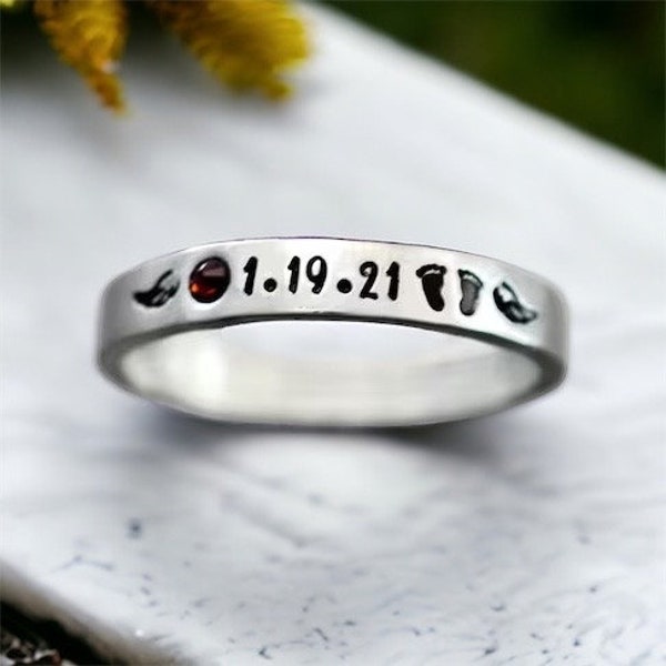 Memorial Ring, Personalized Date Birthstone Memorial Ring, Miscarriage Jewelry, Angel Wings, Baby Feet, Infant Child Loss, Name Ring, Skinny