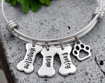 Personalized Dog Mom Bracelet - Dog Mom Bangle - Fur mama - Dog Jewelry - Paw Print - Pet Memorial - Angel Wing - Dog Bone Charm - Pet Gift