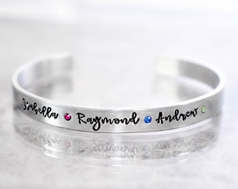 Personalized Birthstone Stacking Bracelet - Cuff Bracelet - Name Bracelet - Mother's Bracelet - Mom Mimi Grandma Gift - Stackable Bracelet