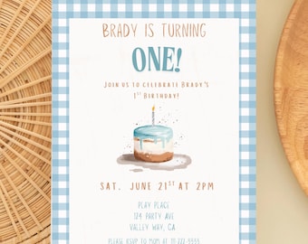 Blue Gingham First Birthday- Digital Download