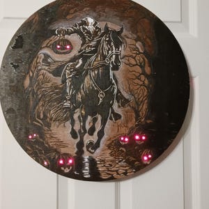 Lighted Headless Horseman Woodburned Wall Decor