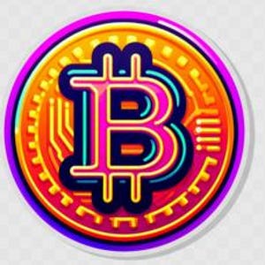 Könnte beinhalten: Ein stilisiertes neonpinkes Bitcoin-Symbol mit blauen und orangefarbenen Akzenten, umgeben von einer goldenen Münze mit einem violetten Rand.