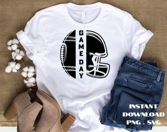 May include: White t-shirt featuring a black and white football helmet and football graphic with the text "GAMEDAY". The shirt is paired with blue jeans and tan boots. The image also includes the text "INSTANT DOWNLOAD PNG . SVG".