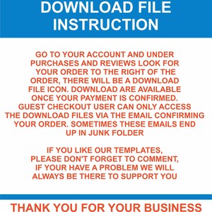 May include: A blue and white graphic with the text "DOWNLOAD FILE INSTRUCTION" at the top. The text provides instructions on how to download files after purchase, including where to find the download icon and how to contact support.
