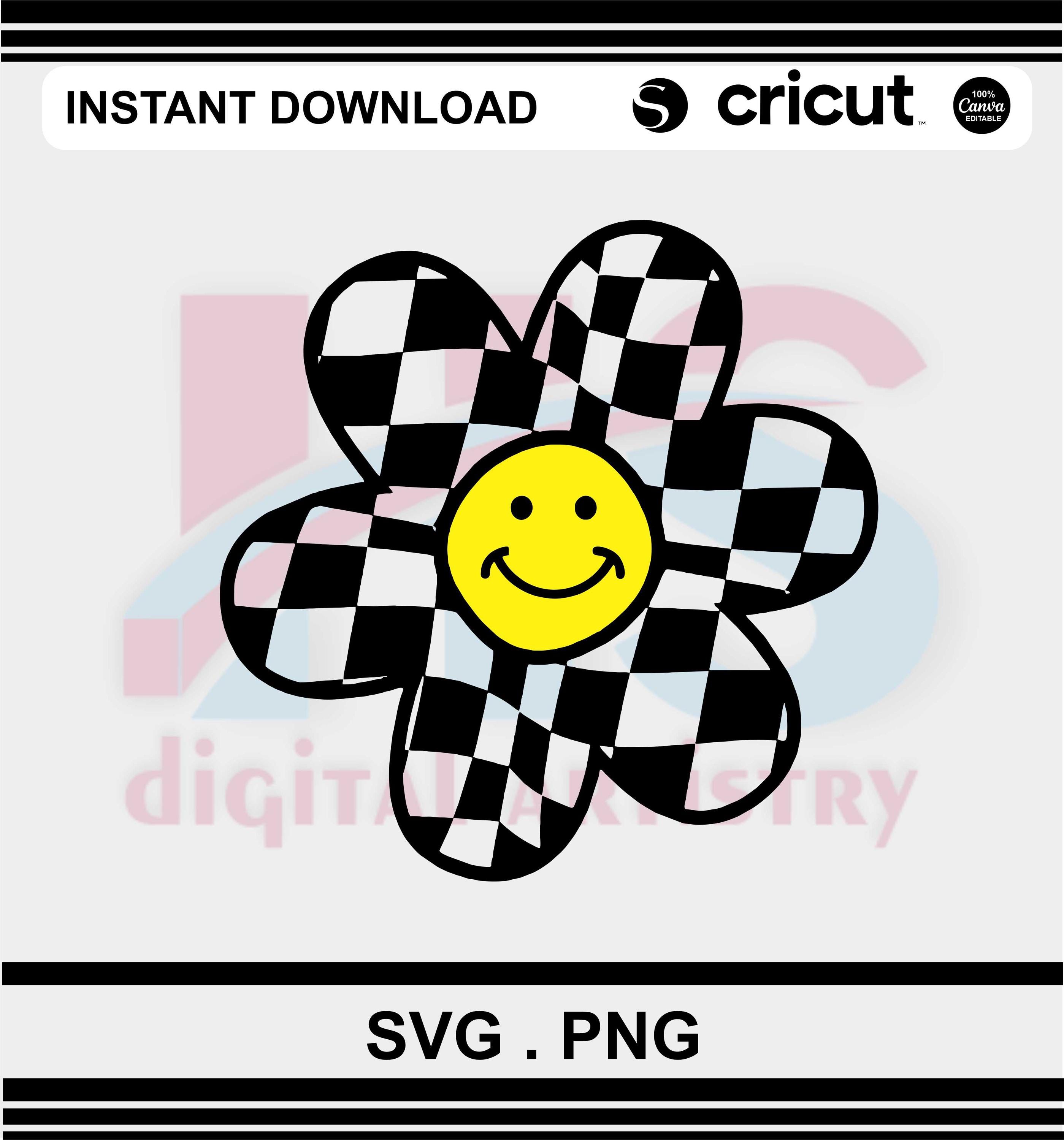 Retro Smiley Face PNG & SVG: Checkered Flower Design (digital
