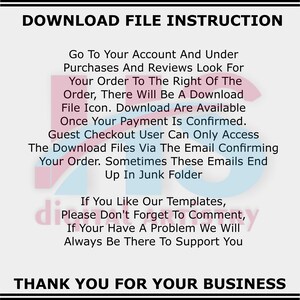 Puede incluir: Un fondo blanco con texto negro que proporciona instrucciones sobre c&oacute;mo descargar un archivo despu&eacute;s de la compra. El texto incluye los pasos para encontrar el icono de descarga y acceder a los archivos. La imagen tambi&eacute;n incluye un mensaje de agradecimiento.